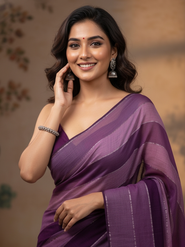 Elegant Purple Striped Mul Cotton Saree - Tassel Border