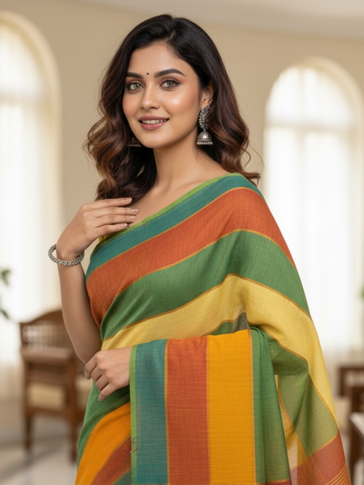 Vibrant Striped Mul Cotton Saree | Soft & Light Everyday Wear
